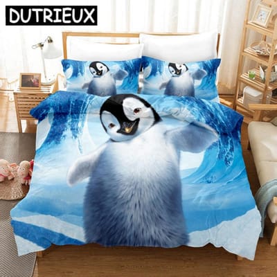Schattige Pinguïn Print Beddengoed Sets Dier 3D Dekbedovertrek Luxe Zonder Laken Queen King Enkel Dubbel Bed Linnen Voor Kinderen Jongen Meisjes EU single(135x200cm)