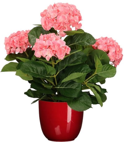 Hortensia kunstplant/kunstbloemen 45 cm - roze - in pot rood glans - Kunst kamerplant
