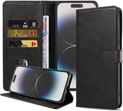 Geschikt voor iPhone 14 Pro Telefoonhoesje Kunstleer met Magnetisch lipje en Pasjeshouder Book Case met Klepje - Zwart - Smartphonica geschikt voor iPhone 14 Pro