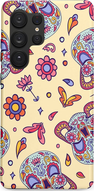 Casetastic hoesje geschikt voor Samsung Galaxy S25 Ultra - Dubbellaagse bescherming - Dia de los Muertos Doodshoofd Bloemen - Fashion Case - Crème Lila Zilver