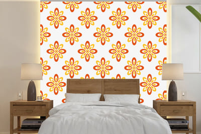 Behang - Fotobehang Patroon - Jaren 70 - Bloemen - Oranje - Breedte 240 cm x hoogte 240 cm
