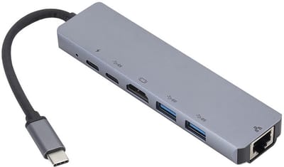 6 IN 1 USB-C naar 4K HDMI + Ethernet (RJ45) + 2x USB 3.0 + 2X USB-C adapter docking hub kabel - geschikt voor o.a. telefoon en laptop - grijs