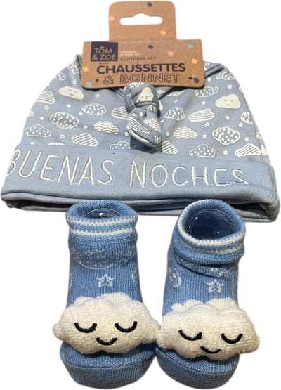 Tom en Zoe - babysokjes met muts - wolk - 0 tot 6 maand - geschenk set- blauw