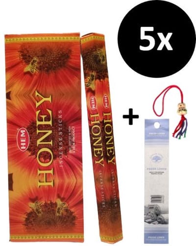 Wierook - Wierookstokjes - 5 Kokers - 100 Stokjes + 5 Mini Stokjes En 1 Gelukspoppetje - Geur Honing - Honey