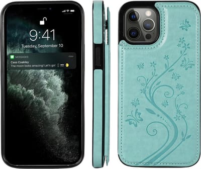 Hoesje geschikt voor iPhone 17 Air - Backcover - Pasjeshouder - Portemonnee - Bloemenprint - Kunstleer - Turquoise