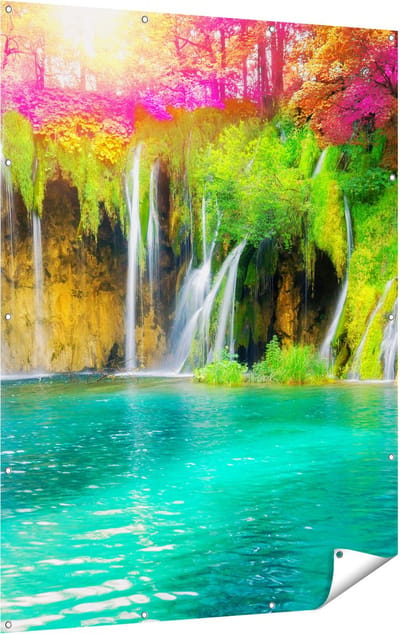 Gards Tuinposter Waterval met Roze en Groene Bloemen - 120x160 cm - Tuindoek - Tuindecoratie - Wanddecoratie buiten - Tuinschilderij