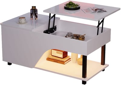 Lift Top Salontafel - LED Salontafel - In Hoogte Verstelbaar - Verborgen Opbergruimte - 35kg Draagvermogen - Woonkamer - 100x50x46 cm - Wit