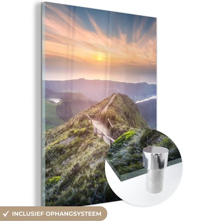 MuchoWow® Glasschilderij 30x40 cm - Schilderij acrylglas - Bergen - Zon - Natuur - Foto op glas - Schilderijen