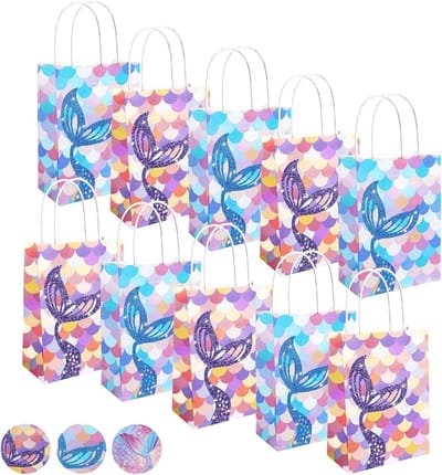 Kraft cadeauzakjes voor kinderen, 15 papieren tassen met zeemeermin ontwerp, inclusief 18 stickers voor verjaardagen en feesten