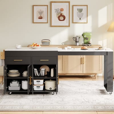 HAUSS SPOLE Keukenkast - Uitschuifbaar Keukeneiland Met Wielen - Bartafel, Glazen Deuren En Lades - MDF - 132,5-217x50x93 Cm - Zwart