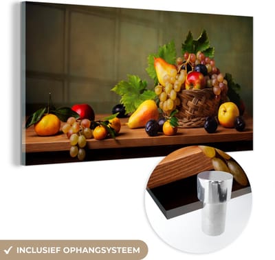 MuchoWow® Glasschilderij 120x60 cm - Schilderij acrylglas - Rustiek - Mand - Fruit - Stilleven - Foto op glas - Schilderijen
