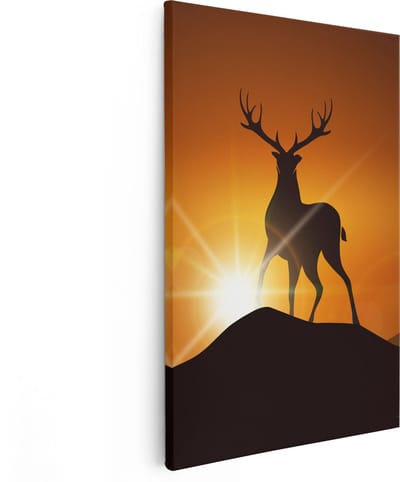 Artaza Canvas Schilderij Hert - 80x120 cm - Groot - Wanddecoratie Zonsondergang - Muurdecoratie Silhouet - Schilderijen Op Canvas