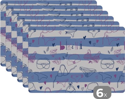 Placemat - Placemats kunststof - Bikini - Zomer - Patronen - 45x30 cm - 6 stuks - Hittebestendig - Anti-Slip - Onderlegger - Afneembaar