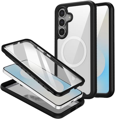 Hoesje met Ingebouwde Screenprotector Geschikt voor Samsung Galaxy S25 FE | Compatibel met MagSafe / Qi2 | Full Protect Valbescherming | Schokbestendige Beschermhoes | Doorzichtig / Zwart