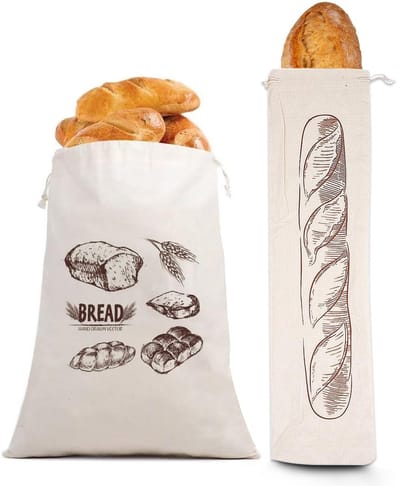 Dailygoods- Broodzak 2 Stuks - Herbruikbare Linnen Zak - Vershouden - Trekkoord - Voor Baguettes - Afmetingen 30 x 40 cm / 16 x 64 cm - Broodtasje