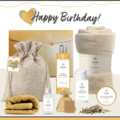 Geschenkset “Happy Birthday!” - 8 producten - 1240 gram - Triomf Cosmetica | Giftset voor haar Cadeau Valentijn Luxe wellness cadeaubox Vrouw Cadeaupakket Vriendin Kerst Kerstpakket Geschenk Moeder Moederdag Pakket Verjaardag Gift Set Geel Beige