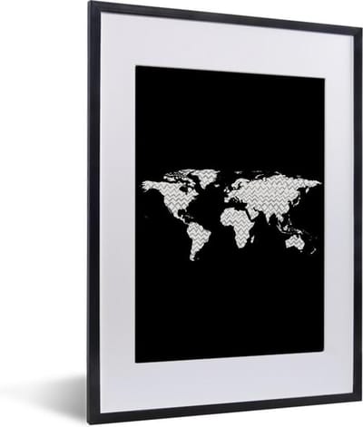 Poster in lijst - Fotolijst 30x40 cm - Posters - Wereldkaart - Design - Grijs - Wit - Posterlijst zwart - Decoratie - Wanddecoratie woonkamer - Muurdecoratie slaapkamer