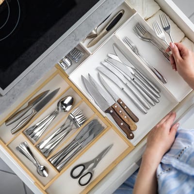 Uitschuifbare bestekbak 5-7 vakken bamboe MDF organizer - natuur/wit