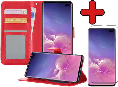 Hoesje - Met Screenprotector - Geschikt voor Samsung Galaxy S10 - Luxe Pasjeshouder - Flipcase - Bookcase Portemonee - Flip Case - Kunstleer Book Case - Book Cover - Walletcase - Portemonneehoes - Telefoonhoes - Rood