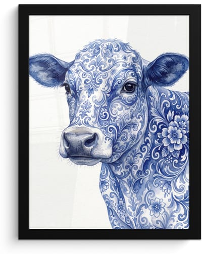 Poster in lijst - Fotolijst 30x40 cm - Posters - Illustratie - Koe - Blauw - Posterlijst zwart - Decoratie - Wanddecoratie woonkamer - Muurdecoratie slaapkamer