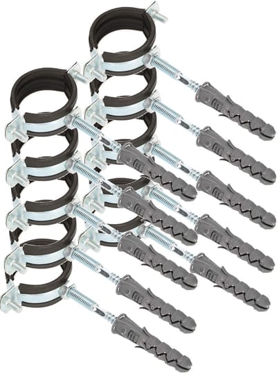 KOTARBAU® 10 Stuks Pijpbeugelset, Trillingsdempende Buisklem, 6/4", Gegalvaniseerd Staal, Pijpbeugel met Rubberen, Installatiebeugel, met Plug, Buisbeugel, Zwart Zilwer