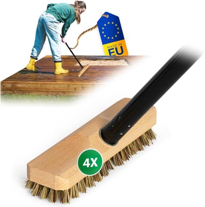 Novaliv 4X houten schrobber met Union borstelharen en insteekgreep, vierdelig - wisser met draad, schrobborstel, vloerborstel, binnen- en buitenbezem, wortelborstel met steel