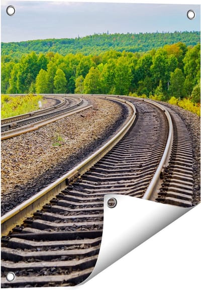 Gards Tuinposter Rails Spoorwegen in een Bocht - 40x50 cm - Tuindoek - Tuindecoratie - Wanddecoratie buiten - Tuinschilderij