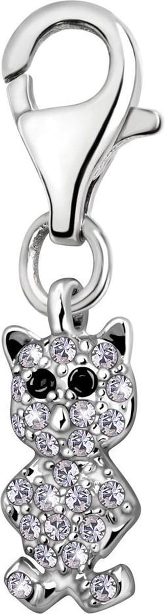 Quiges – Charm – Hanger - Zirkonia Kat - Verzilverd - karabijnslot - geschikt - voor - Bedelarmband - QHC123