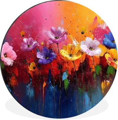 WallCircle - Wandcirkel - Muurcirkel - Fantasiebloemen - Verf - Speels - Aluminium - Dibond - 30x30 cm - Binnen en Buiten