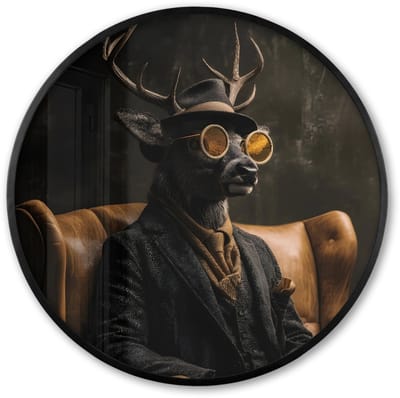 Poster in lijst Rond - Fotolijst 60x60 cm - Posters - Hert - Zonnebril - Zwart - Pak - Ronde posterlijst zwart - Decoratie - Wanddecoratie woonkamer - Muurdecoratie slaapkamer