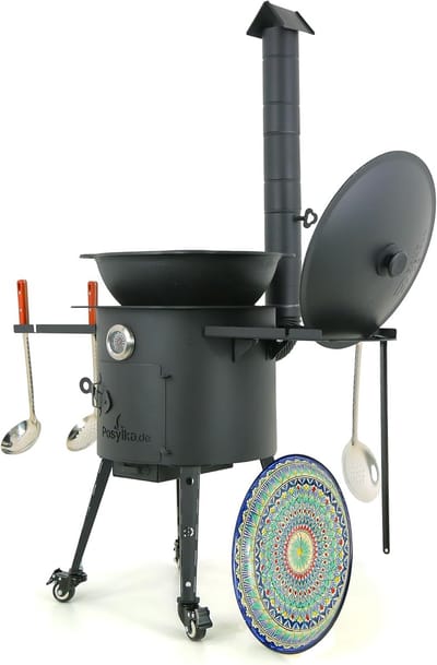 Vuurkachel met Kazan - Outdoor Keuken - Buiten Koken - Gietijzeren Pan - 12 Liter - Zwart
