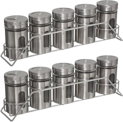 5five Kruidenrekje met 5 kruidenpotjes - Set van 2x stuks - 28 cm - RVS - Keukenkruiden potjes - Kruiden bewaren