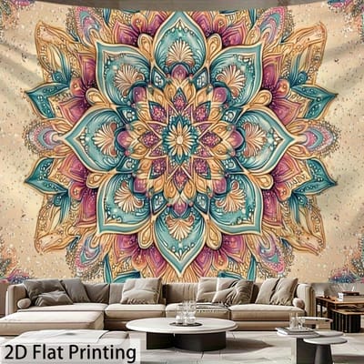 Tapisserie Murale Mandala Coloré, Tapisserie d'Art Lotus Floral Intriqué, Décoration Intérieure Bohème Pour Salon Chambre à Coucher Arrière-Plan 150x200cm59x79in