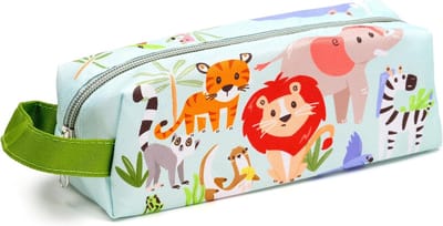 Etui/Pennenzak - Zooniverse Dierentuindieren Cartoon - Blauw&Groen/Handgreep/Rits - 7x20x6cm