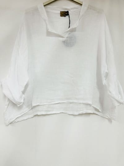 Mooi linnen korte - cropped top - v-hals hals - kraagje - raglan mouwen kleur WIT - one size
