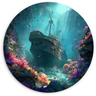 WallCircle® Wandcirkel 120x120 cm - Muurcirkel Schip - Hout - Koraalriffen - Zonlicht - Muurdecoratie woonkamer - Wanddecoratie slaapkamer - Kamer decoratie accessoires - Ronde schilderijen XXL