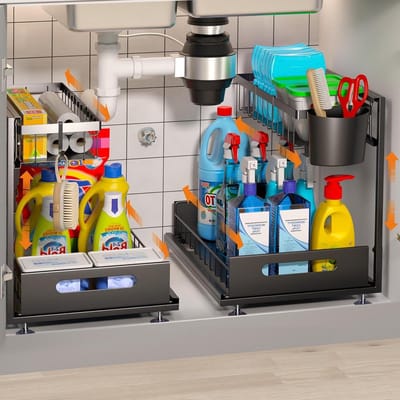 SnelShoppen - Organizer voor onder de gootsteen, uittrekbare kastorganizer, 2-laags multifunctionele opslag voor keuken, badkamer, wastafel - efficiën