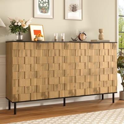REDOM - Dressoir - Mozaïekdeuren - Scandinavische Stijl - Voor Woonkamer Of Hal - Spaanplaat En Metaal - Naturel En Zwart - 160 X 35 X 80,5 Cm