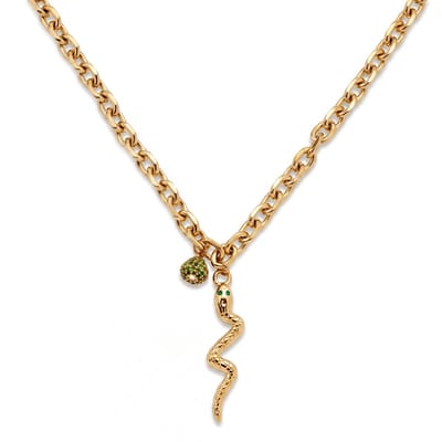 Mediterranean | 14K vergulde ketting met smaragdgroene pavé zirkonia- en slangenhanger