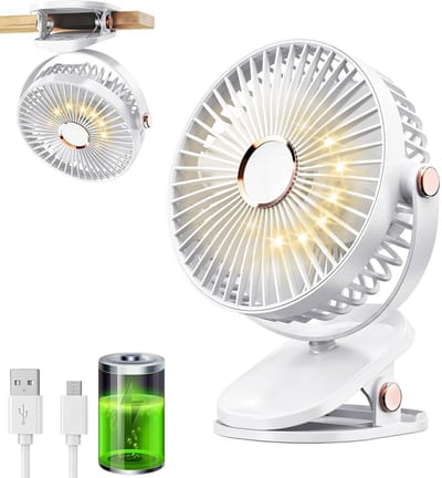 USB Ventilator - 5 Snelheden met Verlichting - Clipventilator met LED - Ventilator met clip - Tafelventilator - Stille Mini Fan - Draadloze ventilator - Klein, Stil & Geruisloos - 360° Draaibaar - 1200 mAh - Voor Thuis, Kantoor, Kinderwagen, Kamperen