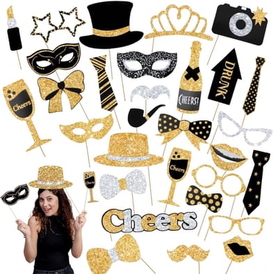 Dailygoods- Fotocabine Rekwisieten 30 Stuks - Grappige Feestbenodigdheden - Funky Hoeden - Glamoureuze Zonnebrillen - Glittery Prom Kit - Hoogwaardige Kaarten - Fotorekwisieten