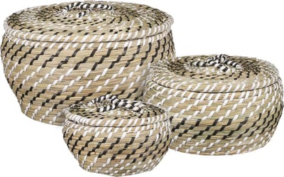 Mica Decorations Esquire Opbergmand - Set van 3 - H18 x Ø32 cm - Zeegras - Zwart