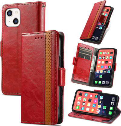 Stijlvol Tweekleurig PU-leer Wallet Flip Case voor iPhone 13 Mini _ Rood