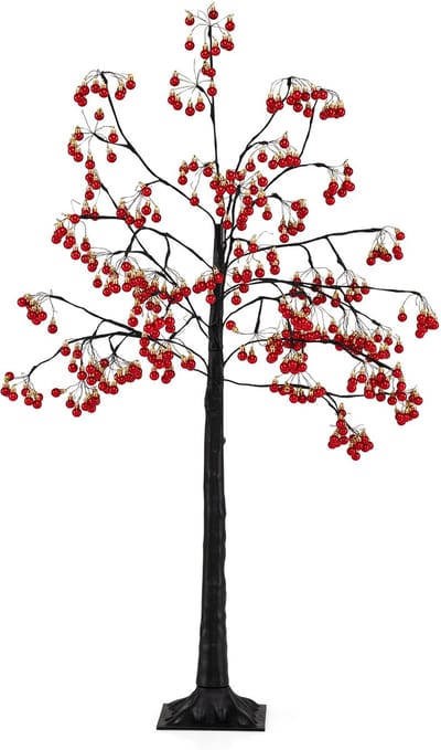 COSTWAY Led-lichtboom 150 cm, verlichte lichtboom met 480 warmwitte ledlampen en 384 rode ballen, led-boom decoratieve boom met buigzame takken, kerstdecoratie voor binnen en buiten