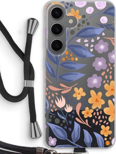 Case Company® - Hoesje met koord geschikt voor Samsung Galaxy S24 hoesje met Koord - Flowers with blue leaves - Telefoonhoesje met Zwart Koord - Bescherming aan alle Kanten en Over de Schermrand
