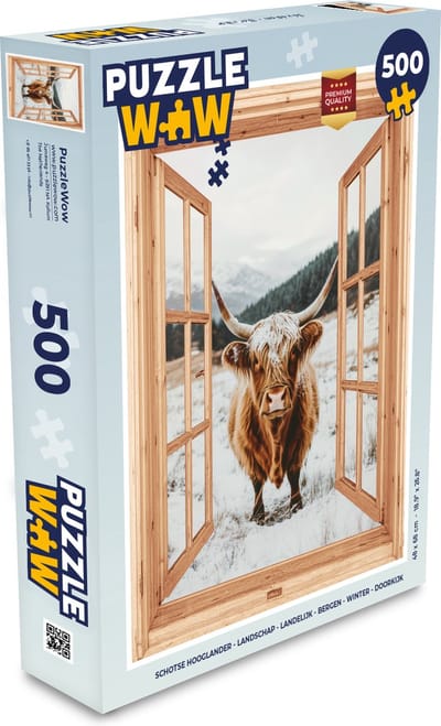 Puzzel Schotse Hooglander - Landschap - Landelijk - Bergen - Winter - Doorkijk - Legpuzzel - Puzzel 500 stukjes