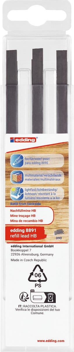 edding 8891 navulling in HB hardheid - 6 navullingen voor edding 8890 mechanisch timmermanspotlood - geschikt voor veel verschillende oppervlaktes - geleverd in plastic verpakking