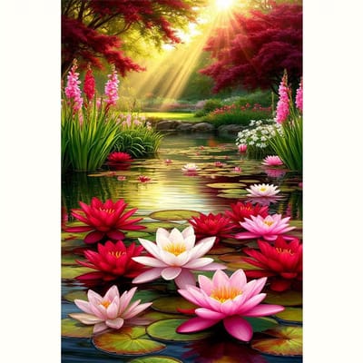 diamond painting kleurige waterlelies, en de zon schijnt door de bomen wat een leuk plaatje voor aan de muur te hebbebn van 30 x 40 cm