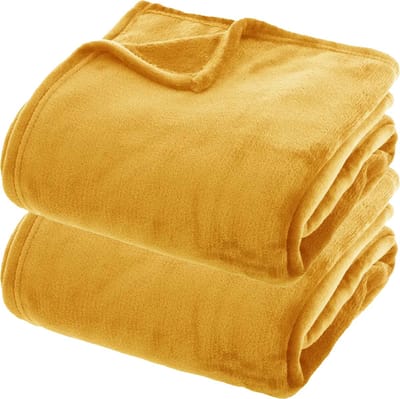 Atmosphera fleece dekens/fleeceplaids - 2x - mosterdgeel - 180x230 cm - polyester - Molton Bankdeken