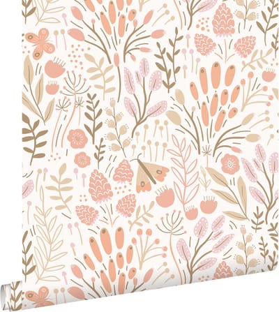 ESTAhome behang bladeren en bloemen wit en oranje - 50 x 900 cm - 131388
